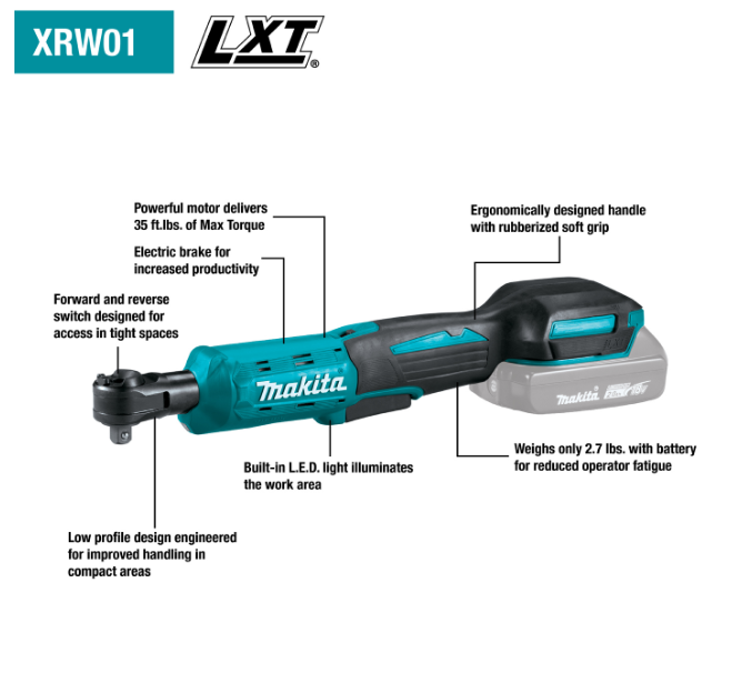 18V LXT® Lithium‑Ion Cordless 3/8" / 1/4" Sq. Drive Ratchet, Tool Only